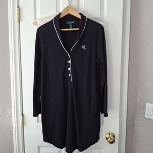 Ralph Lauren LRL Black Long Sleeve Button Front Sleep Shirt Pockets Logo Size M